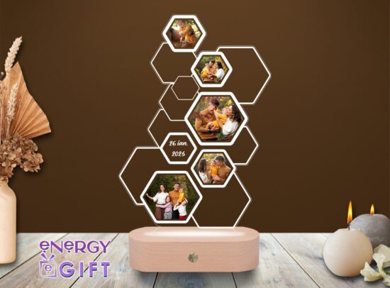 Lampă LED cu 5 poze în formă de hexagon, ramă foto personalizată cu bază din lemn ovala