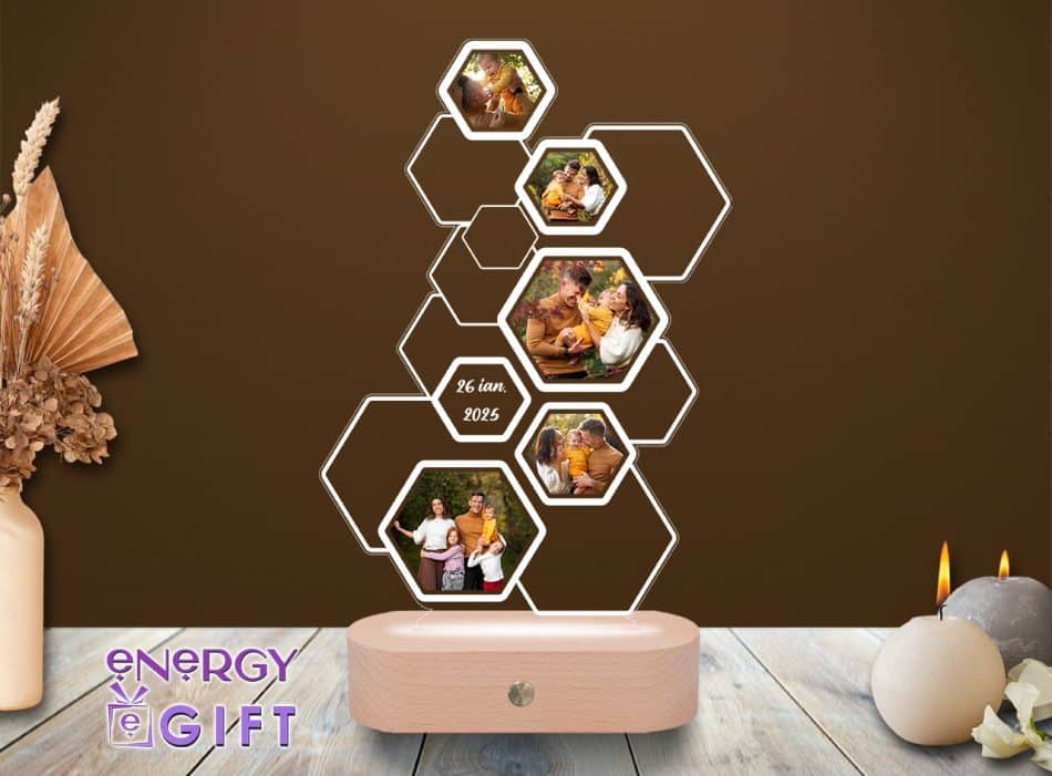 Lampă LED cu 5 poze în formă de hexagon, ramă foto personalizată cu bază din lemn ovala