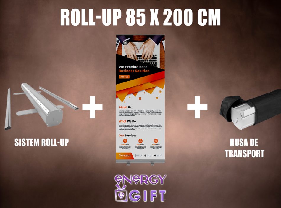 Roll up personalizat 85x200 cm imprimat UV pe material PVC premium, cu suport din aluminiu și culori vii – EnergyGift.ro
