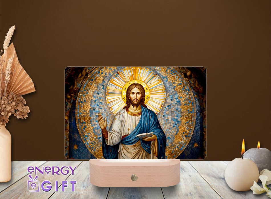 lampa led 3d icoana Iisus hristos ortodox vitraliu