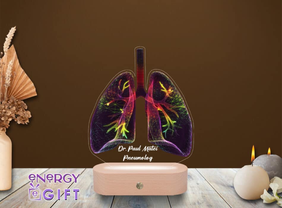 Lampă LED 3D personalizată prin printare – design cu plămâni și mesaj pentru pneumolog