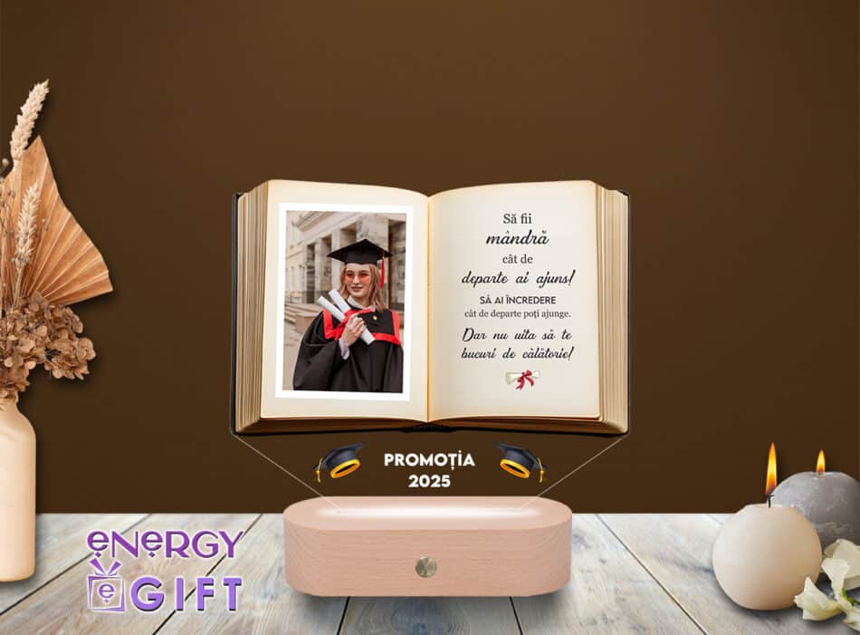 Lampă LED 3D personalizată prin printare în formă de carte – cadou pentru absolvirea facultății