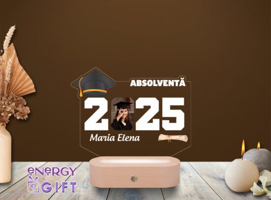 Lampă LED personalizată prin printare – design cu toca de absolvire și mesaj pentru universitate