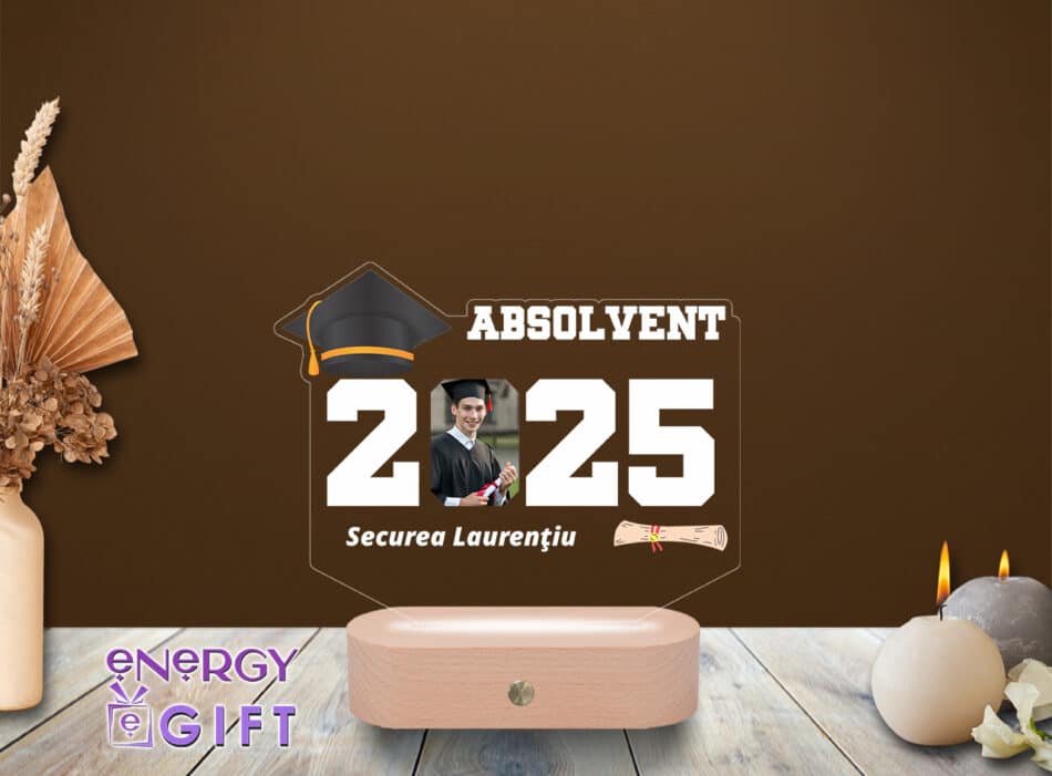 Lampă LED personalizată prin printare – cu fotografie și mesaj de absolvire pentru facultate