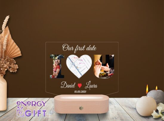 Lampă LED 3D personalizată prin printare – cu poză de cuplu și locația primei întâlniri