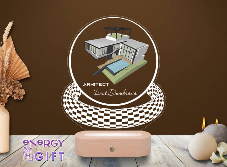 Lampă LED 3D personalizată prin printare – design arhitectural și mesaj pentru arhitect