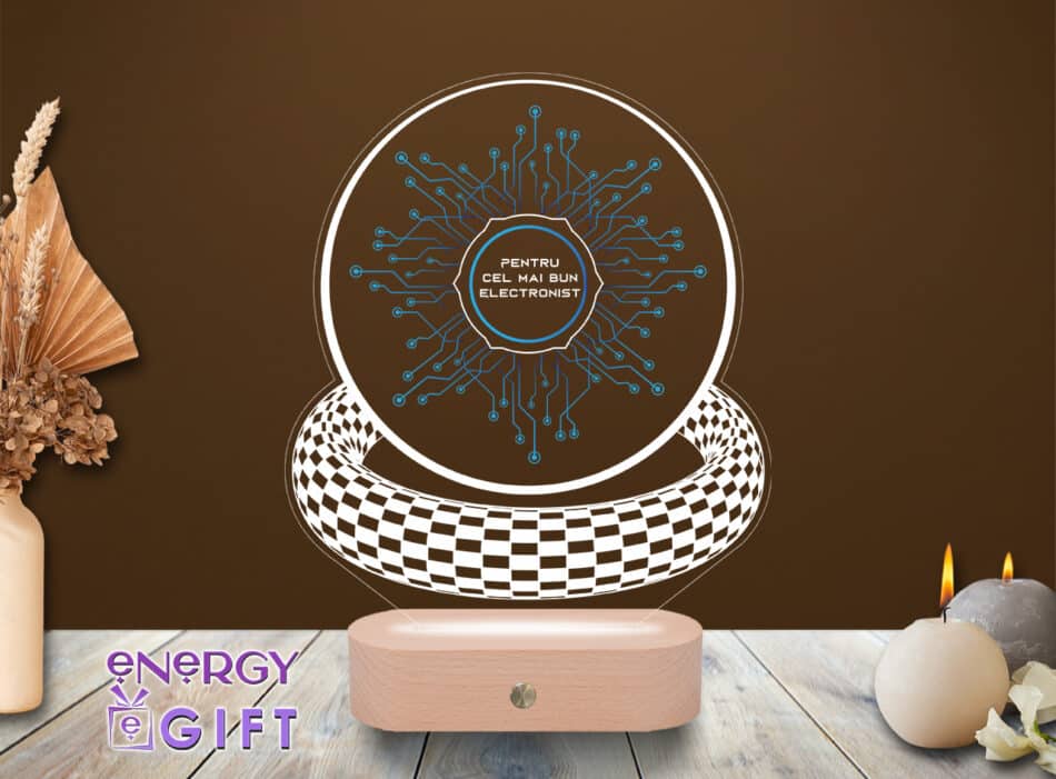 Lampă LED 3D personalizată prin printare – simboluri electronice și mesaj pentru electronist