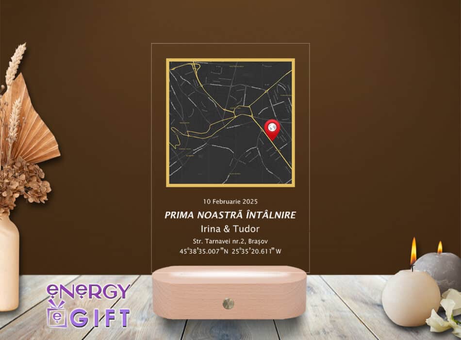 Lampă LED 3D cu dată, hartă și mesaj – personalizată pentru momentul când v-ați cunoscut