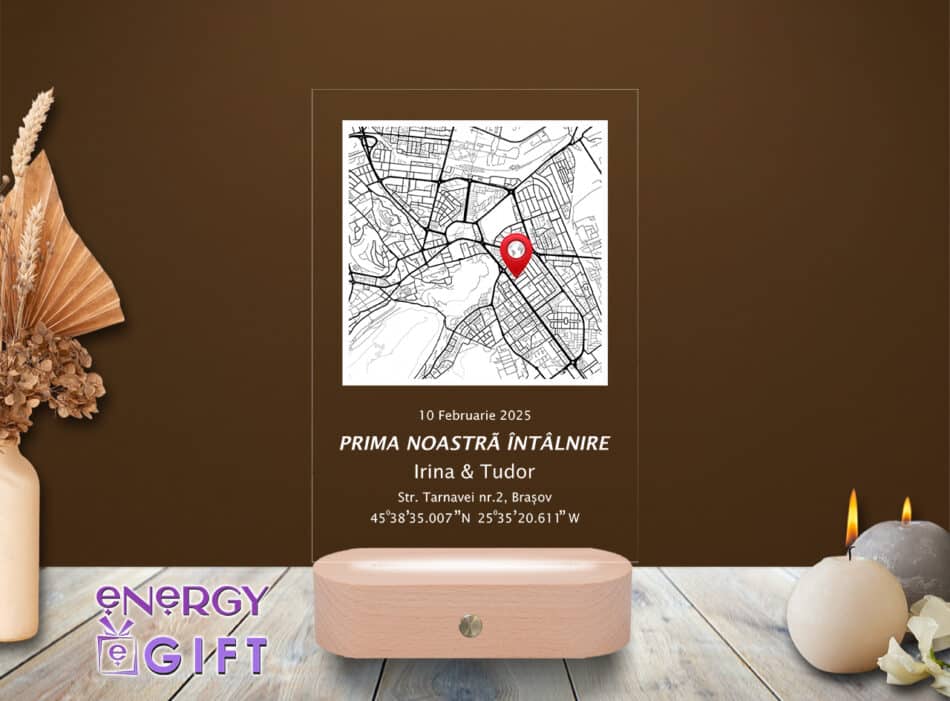 Lampă LED 3D personalizată cu fotografia cuplului și data primei întâlniri