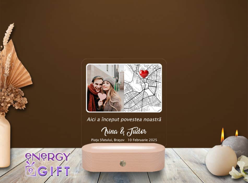 Lampă LED 3D personalizată prin printare cu hartă simbolică și mesaj „Aici a început”