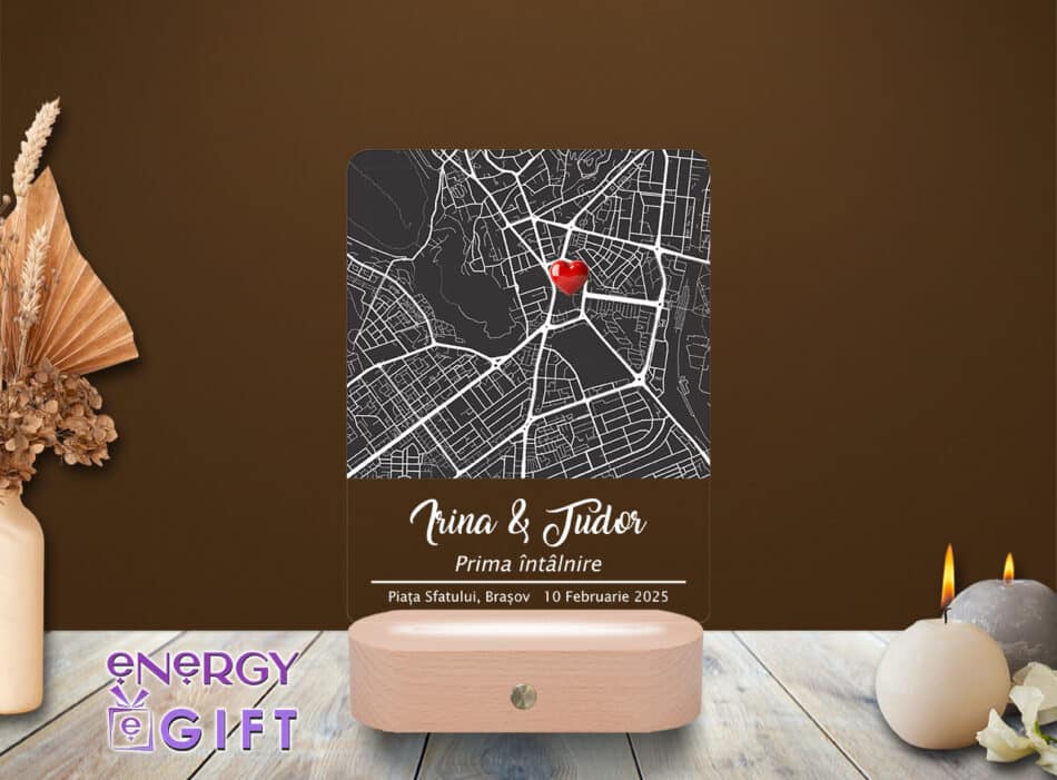 Lampă LED personalizată cu hartă loc – cadou simbolic pentru prima întâlnire