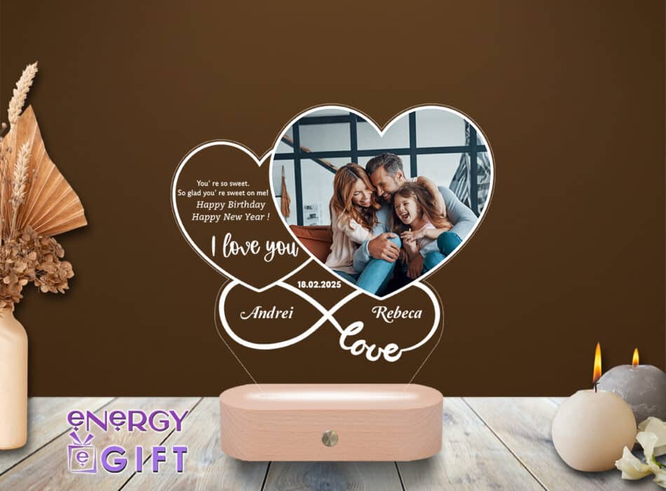 Lampă LED 3D personalizată prin printare – cu ramă foto, fotografie și text personalizat