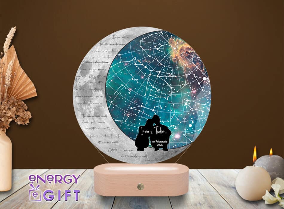 Lampă LED 3D personalizată prin printare – Sky Map cu stelele exact cum erau într-un moment special