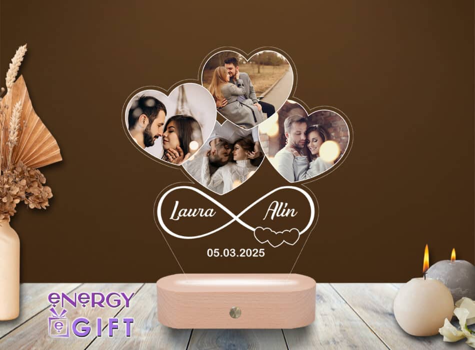 Lampă LED personalizată cu poze în formă de inimă și nume – cadou cu valoare sentimentală
