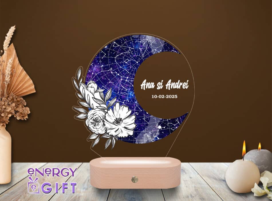 Lampă LED cu lună și hartă a cerului – decor astral personalizat