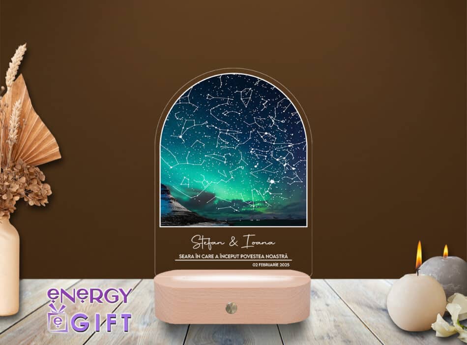 Lampă LED 3D cu hartă a cerului – personalizată cu nume și data unui moment special
