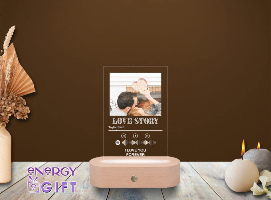 Lampă LED personalizată cu ramă foto și cod melodie – cadou romantic pentru cupluri