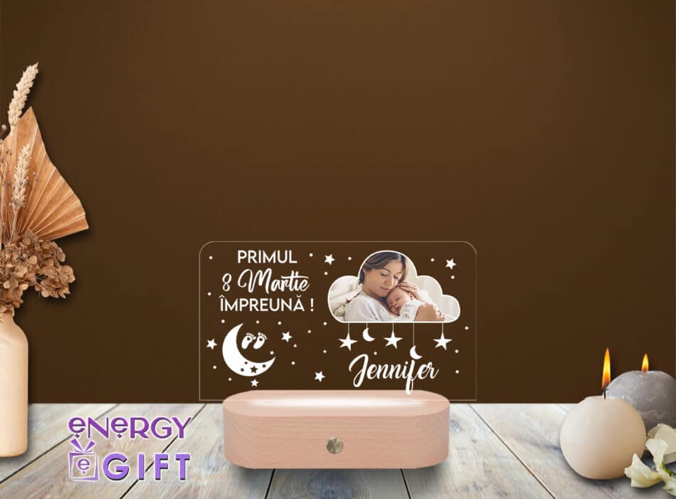Lampă LED 3D personalizată cu fotografie și text – cadou emoționant pentru mama de Ziua Femeii
