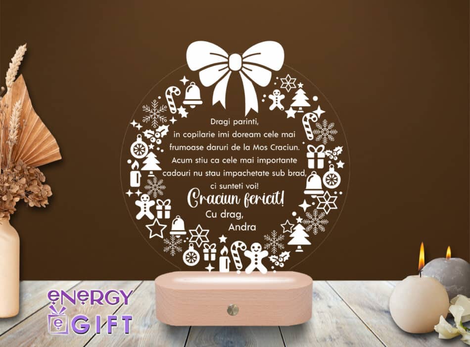 Lampă LED 3D tematică de Crăciun, personalizată cu poză și mesaj, pe bază din lemn – cadou personalizat
