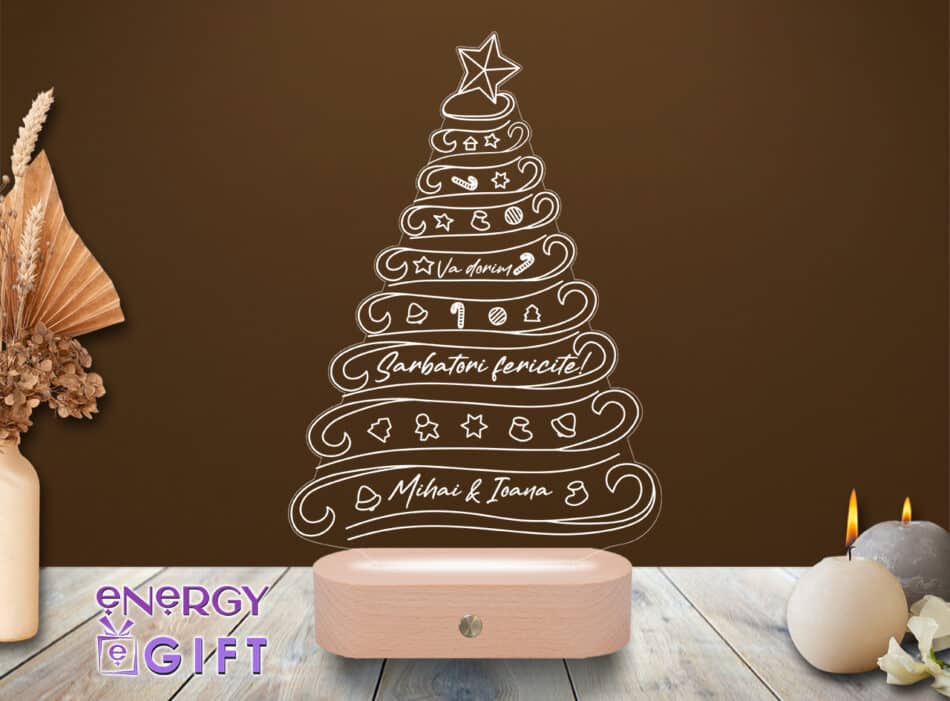 Lampă LED 3D de Crăciun, personalizată cu mesaj gravat și bază din lemn – cadou unic pentru sărbători