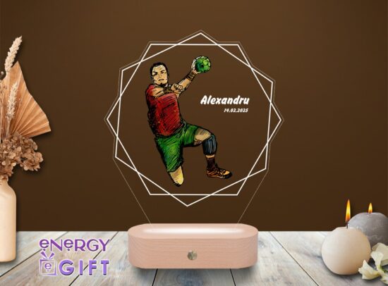 Lampă LED 3D personalizată cu numele unui băiat și temă handbal – cadou sportiv