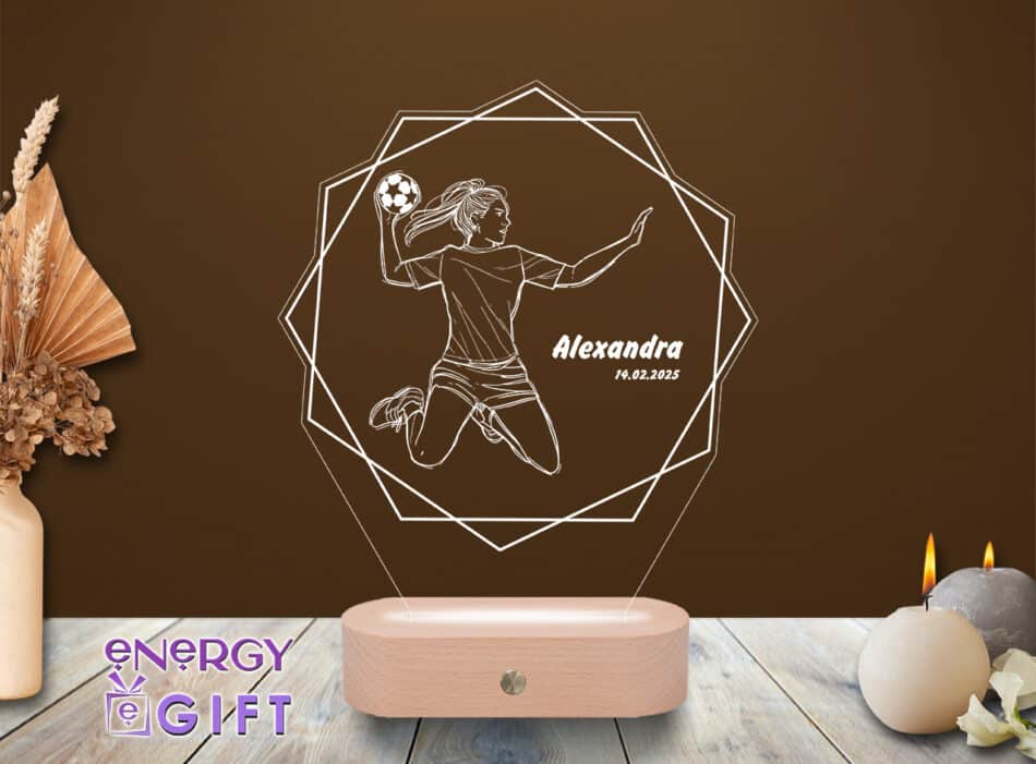 Lampă LED 3D personalizată pentru fete – cu nume și grafică handbal feminin