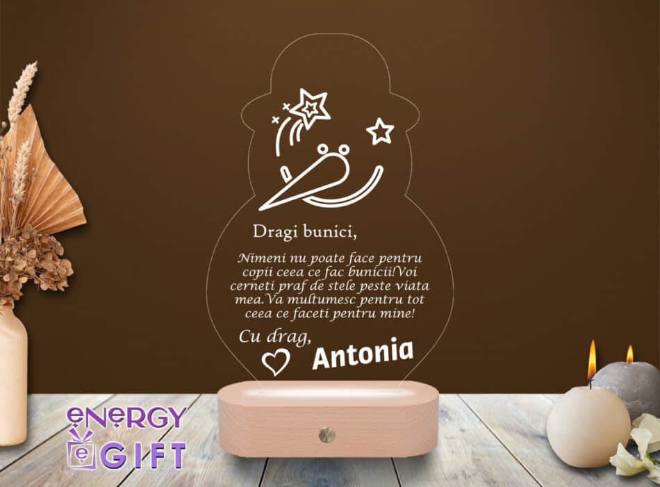 Lampă LED 3D personalizată cu tematică de Crăciun și bază din lemn – cadou special pentru sărbători