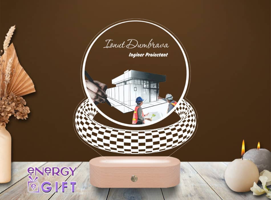Lampă LED 3D personalizată pentru inginer proiectant – cu nume și grafică tehnică