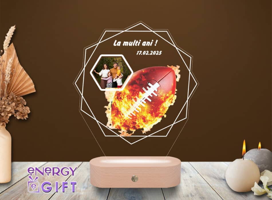 Lampă LED 3D personalizată cu temă rugby – poză și mesaj pentru jucători sau fani