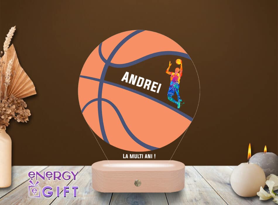 Lampă LED 3D sportivă – personalizată cu temă baschet și nume