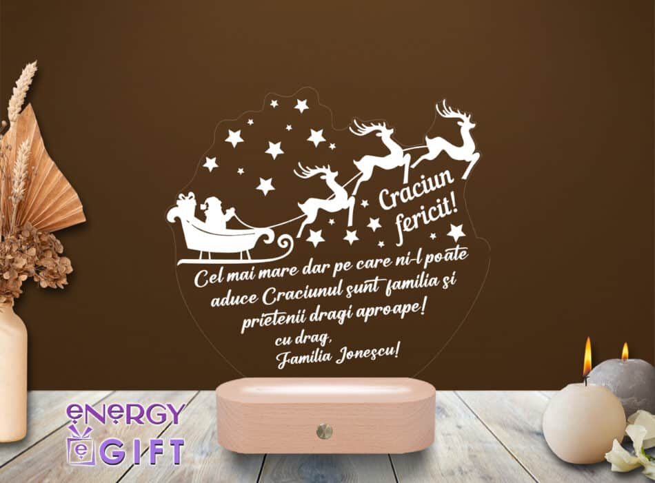 Lampă LED 3D de Crăciun cu mesaj special gravat și bază din lemn – cadou personalizat
