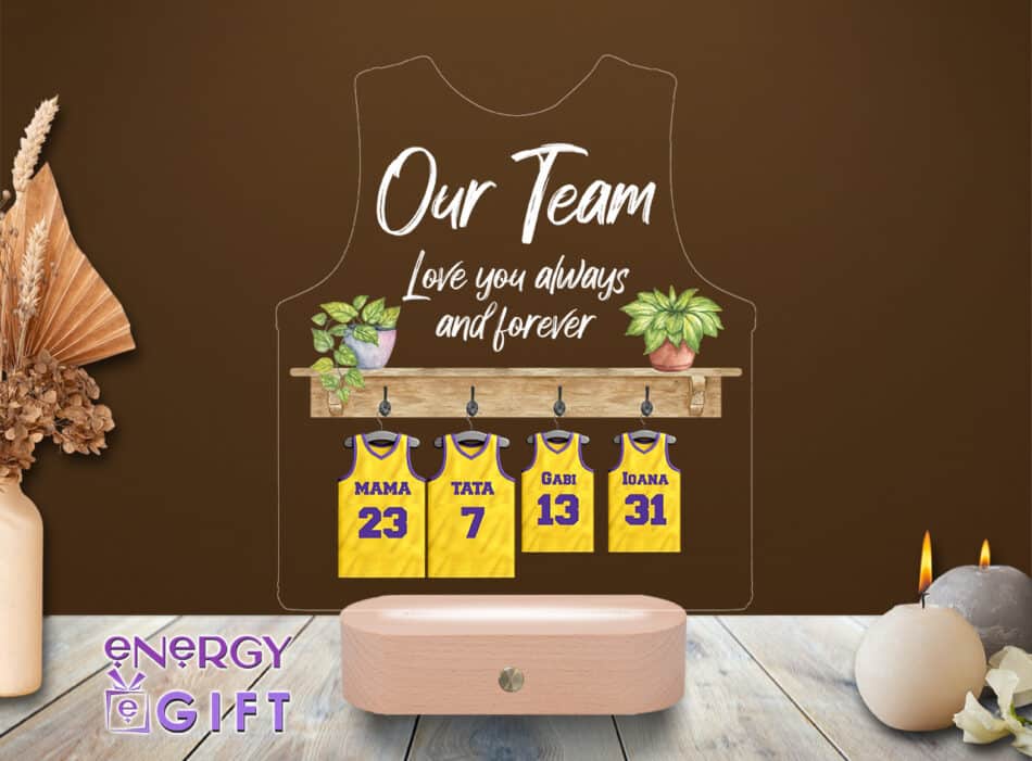 Lampă LED 3D personalizată prin printare – tematică baschet „Our Team” cu nume