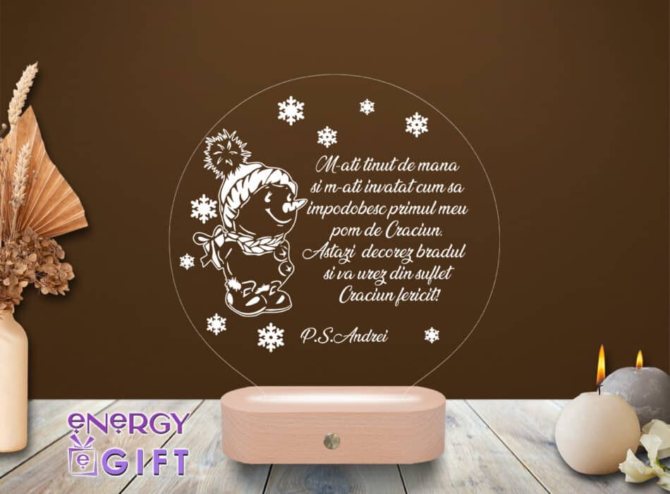 Lampă LED 3D cu om de zăpadă personalizat și bază din lemn – cadou special de Crăciun