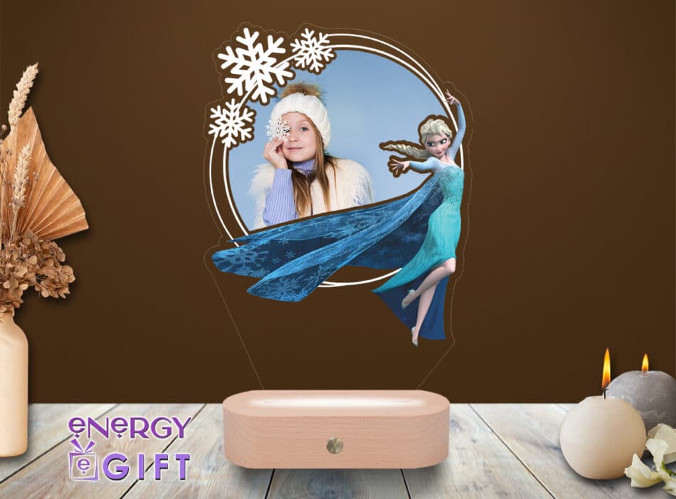 Lampă LED 3D cu Elsa și Anna din Frozen, personalizată cu nume și bază din lemn – cadou personalizat pentru fetițe