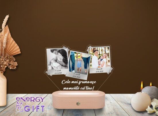 Lampă LED 3D cu colaj polaroid, personalizată cu poze și bază din lemn – cadou unic cu stil retro