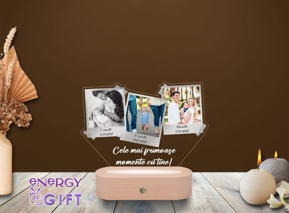 Lampă LED 3D cu colaj polaroid, personalizată cu poze și bază din lemn – cadou unic cu stil retro