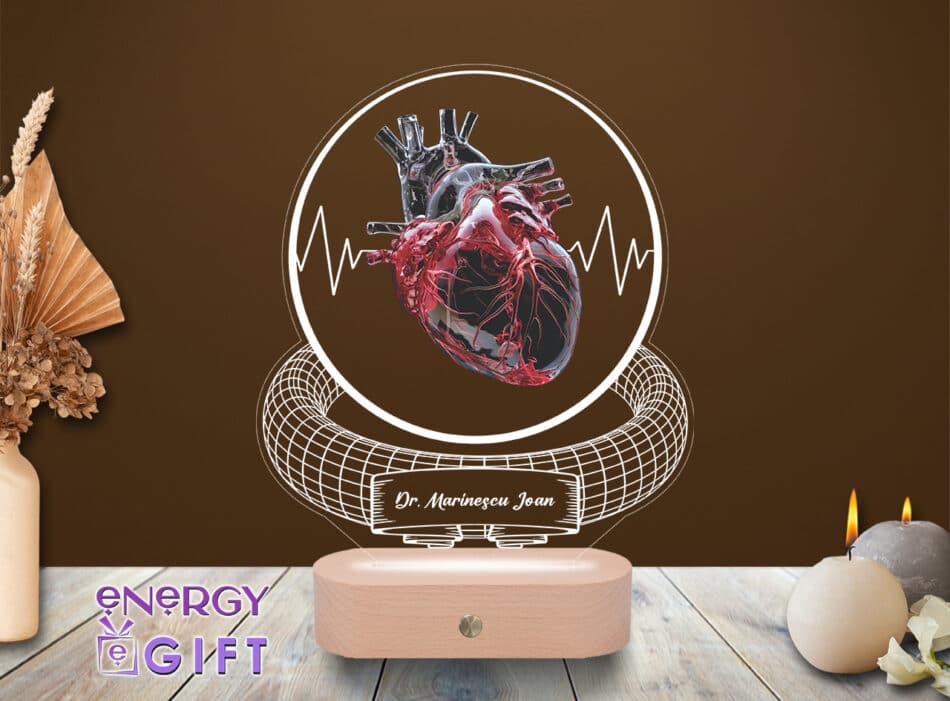 Lampă LED 3D cu inimă stilizată și nume gravat – cadou unic pentru medic cardiolog