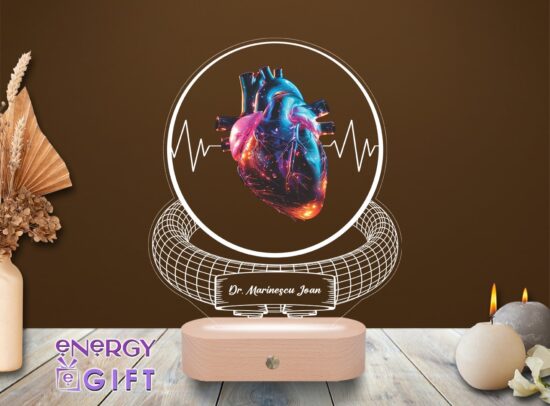 Lampă LED 3D cu temă cardiologie, gravată cu nume – cadou deosebit pentru medic
