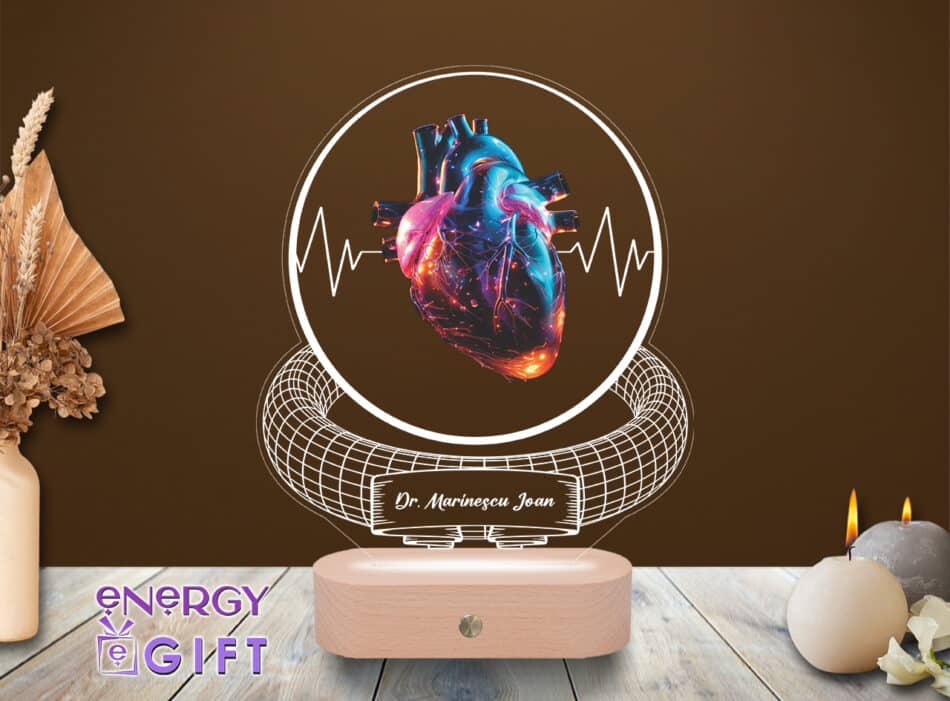 Lampă LED 3D cu temă cardiologie, gravată cu nume – cadou deosebit pentru medic