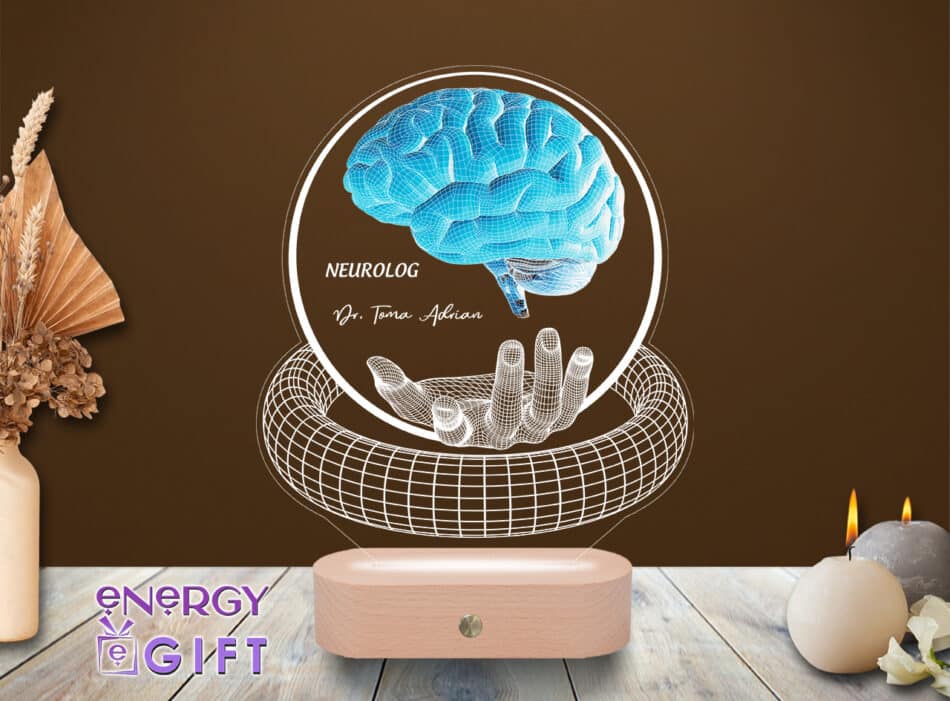 Lampă LED 3D cu simbol neurologic și nume gravat – cadou special pentru medic neurolog