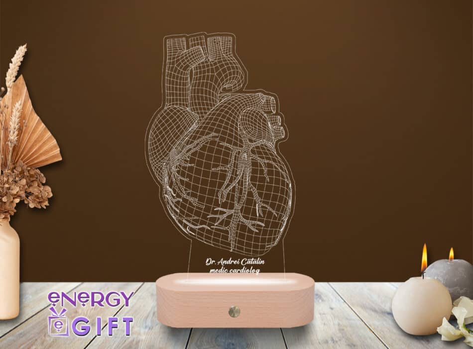Lampă LED 3D personalizată cu inimă stilizată și nume – cadou premium pentru cardiologi