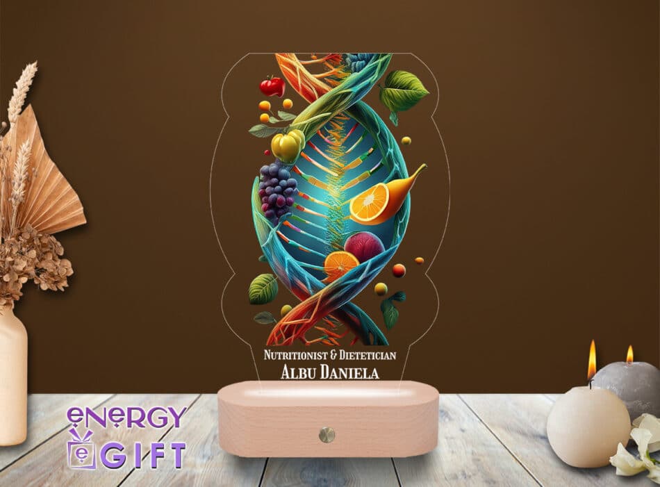 Lampă LED Nutriționist – Cadou Personalizat cu Bază din Lemn