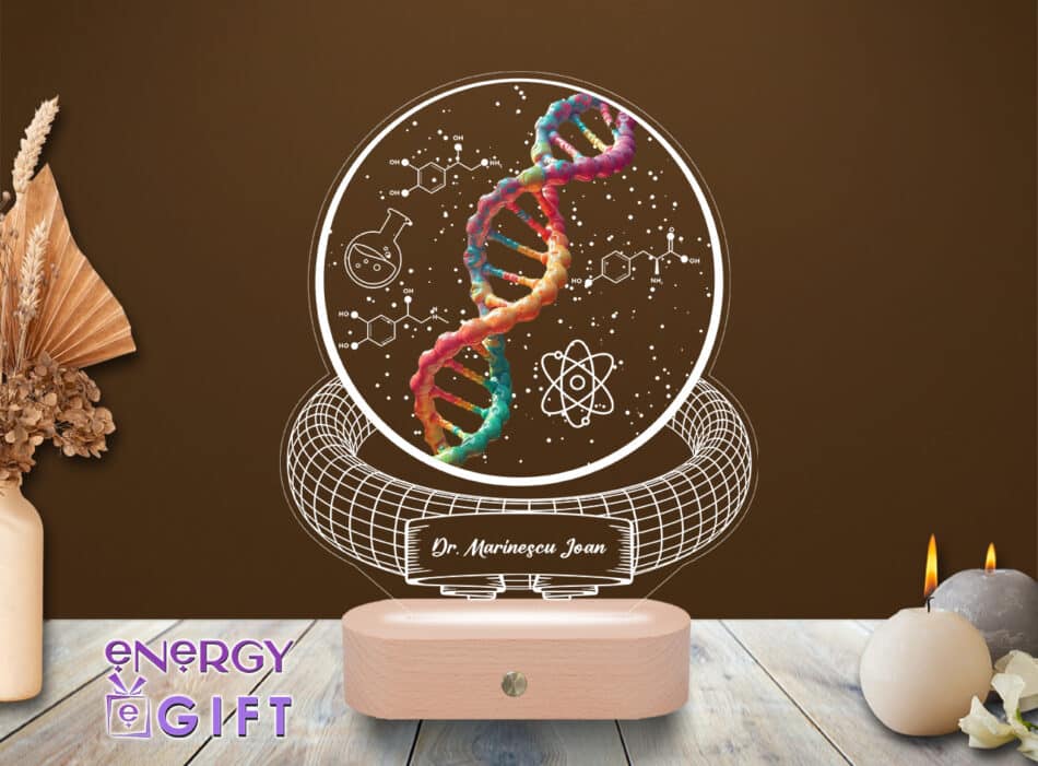 Lampă LED 3D cu simboluri de chimie și nume gravat – cadou unic pentru chimiști