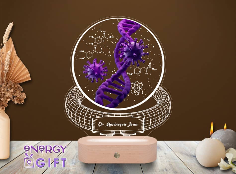Lampă LED 3D cu simboluri științifice, bază din lemn și nume gravat – cadou original pentru chimiști
