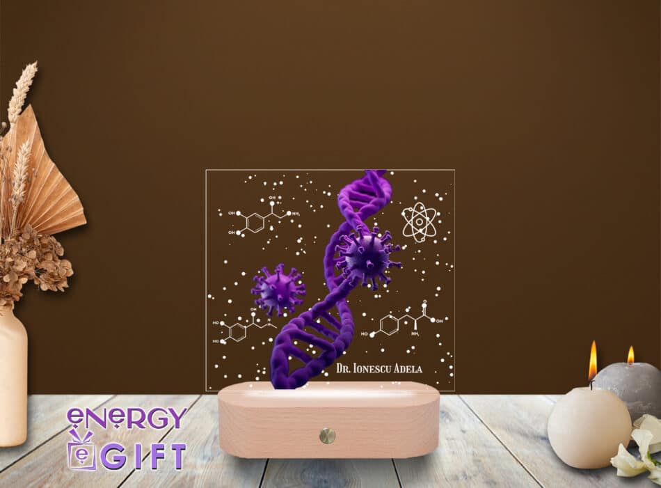 Lampă LED 3D personalizată pentru chimist, cu simboluri de laborator și nume gravat – cadou profesional pentru domeniul științific