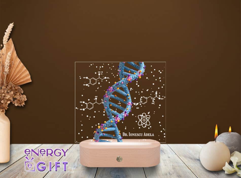 Lampă LED 3D cu simboluri medicale, nume gravat și bază din lemn – cadou personalizat pentru personal medical