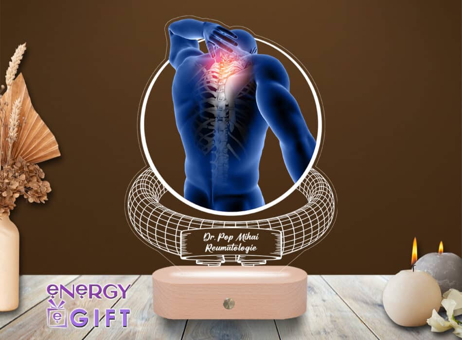 Lampă LED 3D cu simboluri reumatologice, bază din lemn și nume gravat – cadou special pentru medic