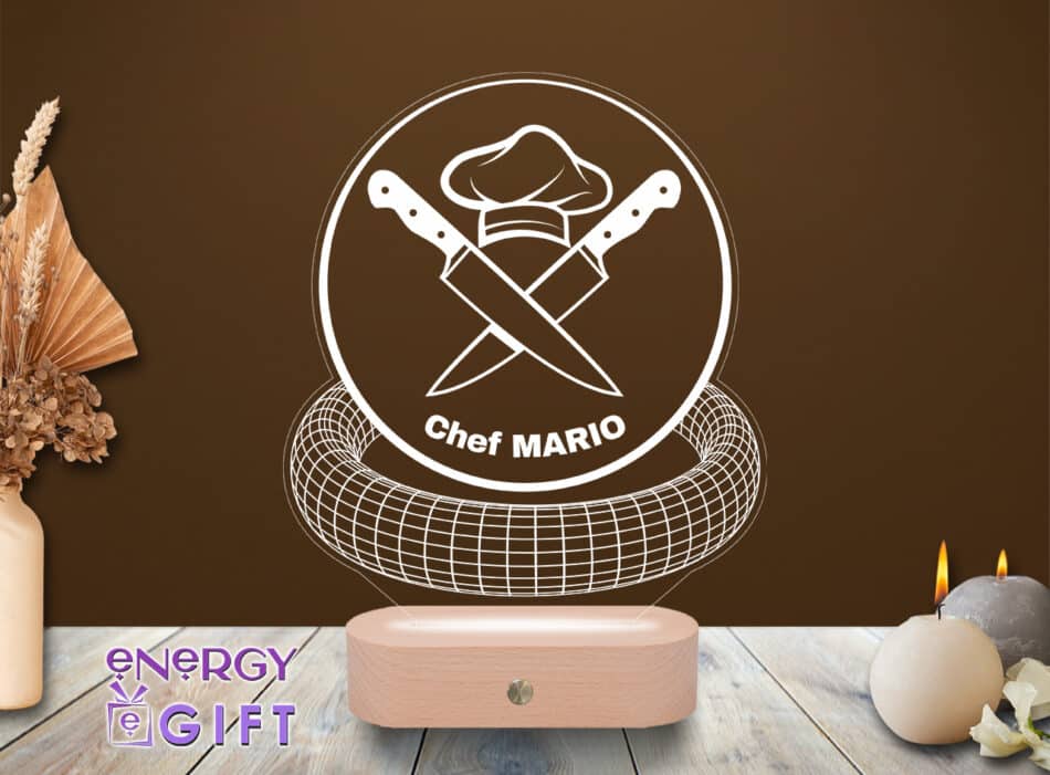 Lampă LED 3D cu simboluri culinare și nume gravat – cadou unic pentru chef