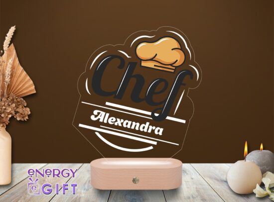 Lampă LED 3D personalizată pentru chef sau bucătar, cu simboluri culinare și nume gravat