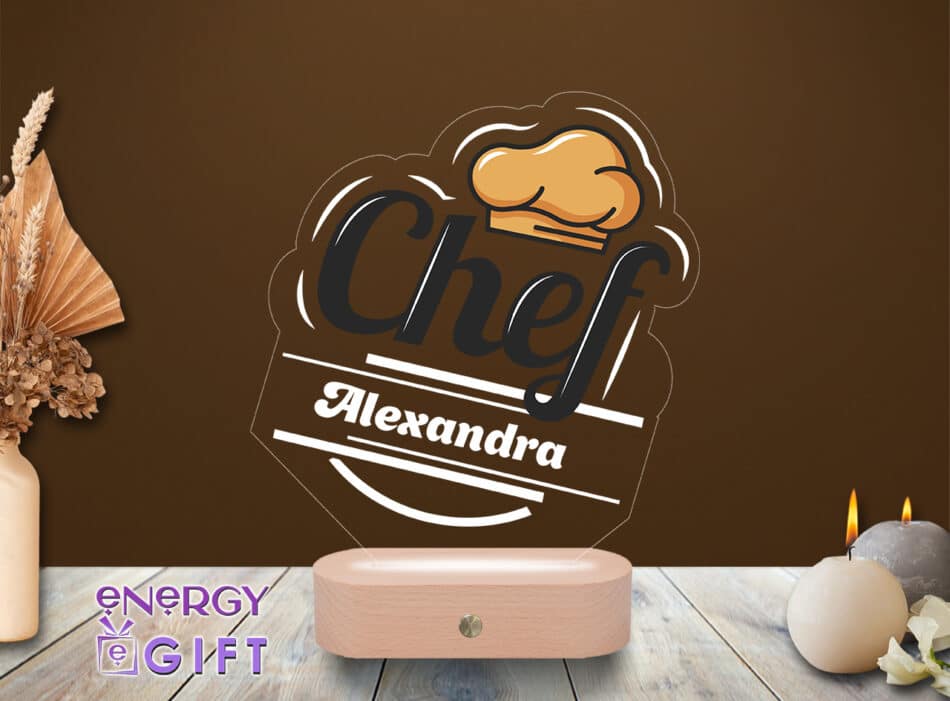 Lampă LED 3D personalizată pentru chef sau bucătar, cu simboluri culinare și nume gravat